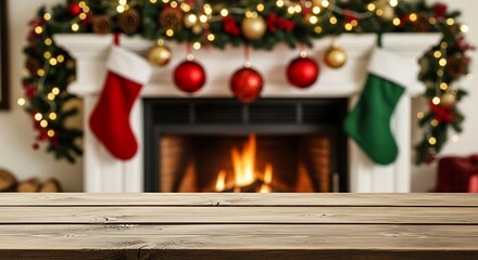 Cozy christmas fireplace with stockings and warm glowing fire