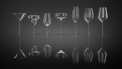 Set of different cocktail and wine glasses on dark glossy background. 3d illustration
