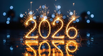 Sparkling 2026 new year numbers made of bright fireworks on dark background