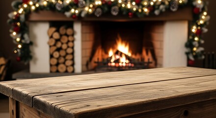 Cozy christmas fireplace with glowing fire and wooden table surface.