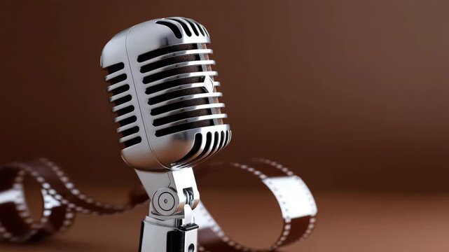 Vintage microphone and filmstrip symbolizing classic entertainment in motion