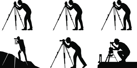 Silhouettes of a photographer, surveyor, or cinematographer using professional cameras or instruments on tripods in various poses.