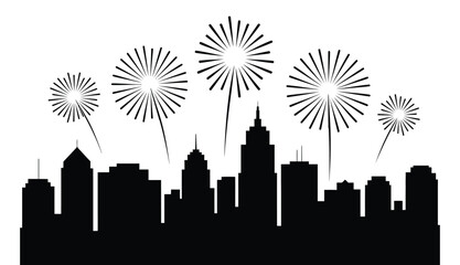 City skyline with fireworks celebration silhouette
