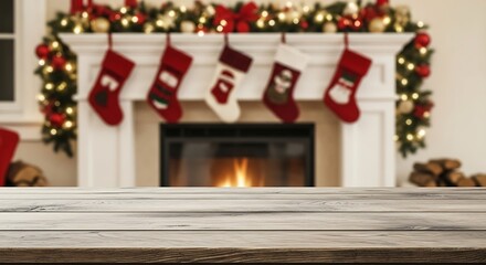 Warm cozy christmas fireplace with stockings hanging and decorated tree