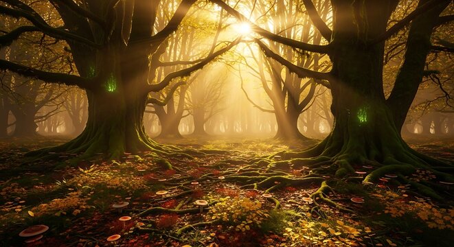 Enchanted Forest Path with Golden Sunbeams and Mossy Trees - Powered by Adobe