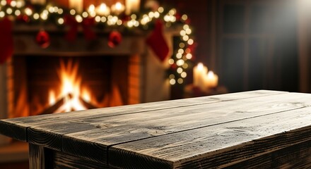 Empty wooden table in front of a cozy fireplace with christmas decorations