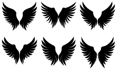 Obraz premium Six sets of black vector wings with varying shapes and feather arrangements on a white background artful layout