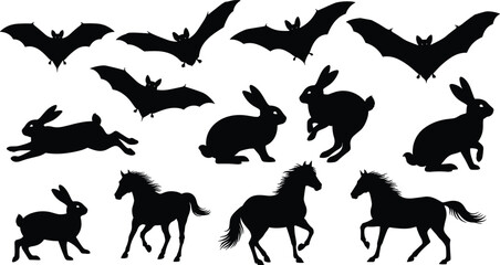 Black Silhouette Vector Set of Diverse Animals, Including Bats in Flight, Running Rabbits, and Galloping Horses, Illustrating Mammal Collection and Wildlife Design Elements.