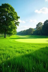 Obraz premium A serene golf course fairway, lush green meadow grasses swaying gently in the breeze, sunlight dappling the landscape Ideal for golf, nature, and tranquility themes , beautiful, green