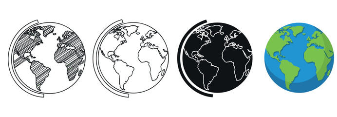 Set of four earth globes showing different design styles including sketch, outline, silhouette, and flat color vector illustration for geography and global concepts