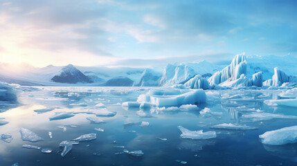 Majestic icy landscape with floating icebergs under a soft, ethereal sky.