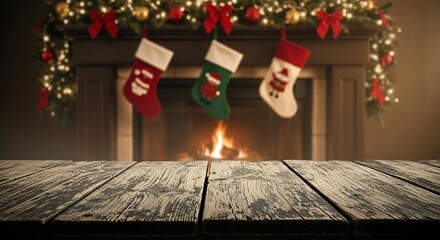 Cozy christmas fireplace with stockings and rustic wooden table foreground