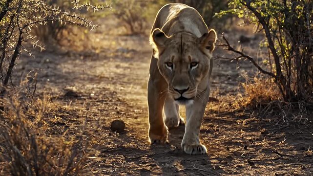 Majestic African Lioness Walking Stealthily Forward Through Golden Hour Savanna Bushland with Intense Gaze Wild Predator Wildlife Nature Safari Adventure