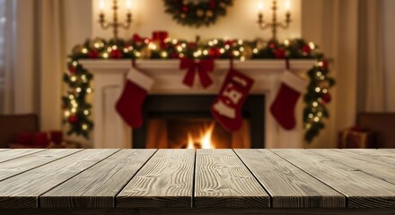 Warm christmas fireplace with stockings and wooden table in foreground