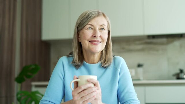 Happy senior gray haired female sitting in kitchen at home and holding cup. Smiling elderly retired woman. Headshot of a positive housewife in a sweater indoors. 