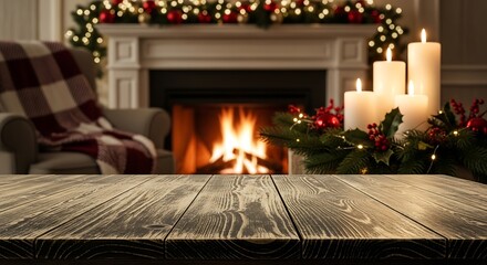 Cozy christmas fireplace scene with candles and festive decor