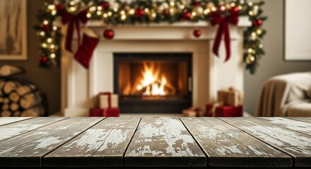 Cozy christmas fireplace with twinkling lights and rustic wooden table