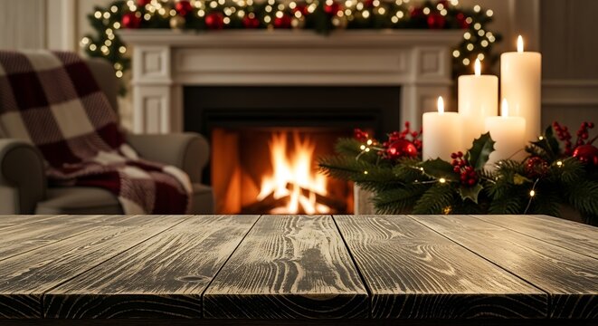Cozy christmas fireplace scene with candles and festive decor