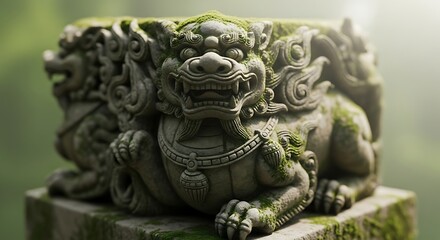 Moss-Covered Stone Guardian Sculpture in Nature