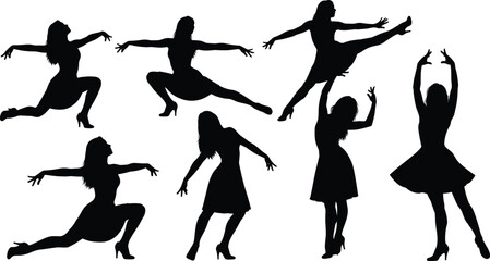 Black Silhouette Vector Set of Female Dancers Performing Dramatic and Energetic Moves, Featuring Theatrical Poses, Leg Kicks, and Contemporary Dance Style for Design.