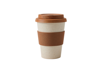 Beige Ceramic Coffee Cups with Wooden Lids Minimalist Product Display Image Isolated on Transparent Background