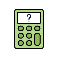 Calculator with question mark, symbolizing financial uncertainty, isolated on transparent background