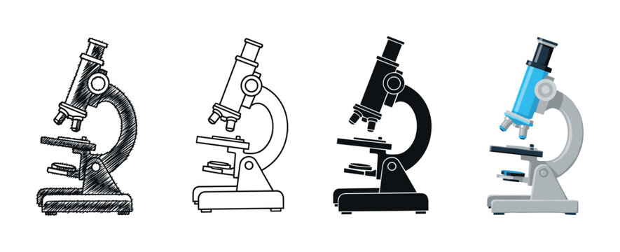 Set of four microscope illustrations in different artistic styles including scribble, outline, silhouette, and flat color vector design for scientific or educational concepts