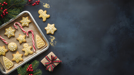 Christmas cookies, candy canes, and a gift on a baking sheet, with pine branches and red berries on a dark background
