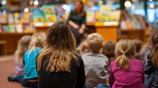 Children listening to a person reading a story during a group learning session in a library or bookstore setting