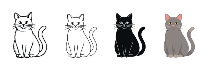 Obraz premium Set of four cute cat illustrations showing different artistic styles including a hand-drawn sketch, clean line art, a black silhouette, and a simple flat color vector design