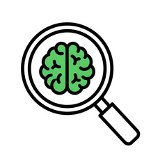 Magnifying glass examining a green human brain, symbolizing research and intelligence isolated on transparent background