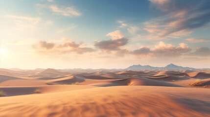 Naklejka premium Golden sand dunes stretch under a vast sky with soft clouds at sunrise.