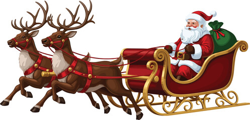Smiling Santa Claus in his festive red sleigh being pulled by two reindeer, carrying a sack of gifts for Christmas and holiday themes.