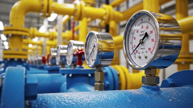 Closeup of industrial gas pipelines with pressure gauges and valves in a modern factory setting