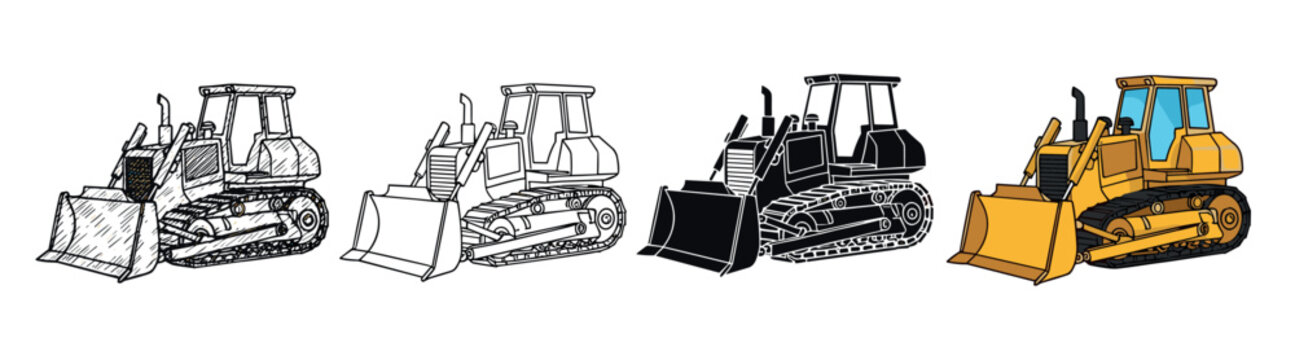 Collection of four bulldozer illustrations presented in multiple graphic styles, including a detailed sketch, a simple outline, a bold silhouette, and a vibrant color cartoon
