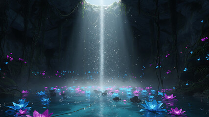 A magical forest scene with sunlight streaming through trees and colorful butterflies fluttering around, creating an enchanting atmosphere. Perfect for nature, fantasy, and dreamlike themes