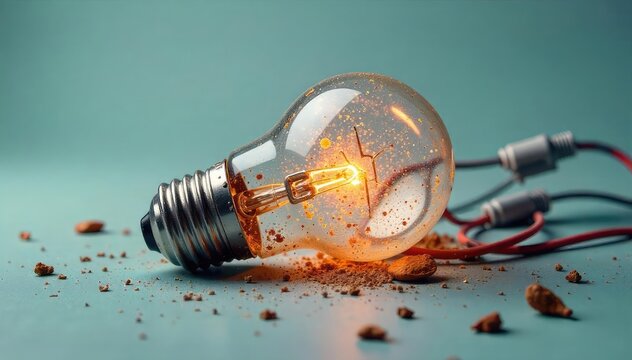 A shattered lightbulb lies amidst scattered wires, symbolizing the potent energy released even in moments of breakdown and the potential for renewal after failure , darkness, hope, broken glass
