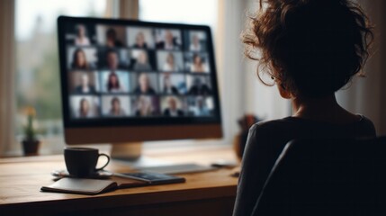 Woman's back view, having a virtual meeting with multiple coworkers on screen from a home office desktop