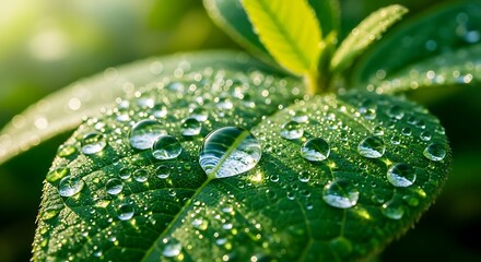 Morning Dew Drops on Green Leaf Surface