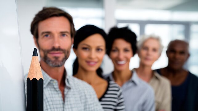 Pencil representing creative business team, diverse group of professionals collaborating and innovating