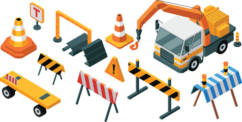 Isometric construction barriers, traffic cones, warning signs, road safety equipment, industrial barricades, work zone elements, vector illustration set