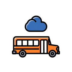 Cartoon school bus with a blue cloud above, isolated on transparent background