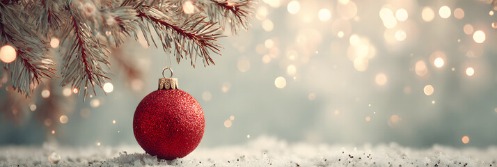 Christmas Ornament in Winter Scene: A vibrant red Christmas ornament rests amidst a serene winter scene with sparkling lights and a touch of snowy ground. Perfect for holiday-themed designs.