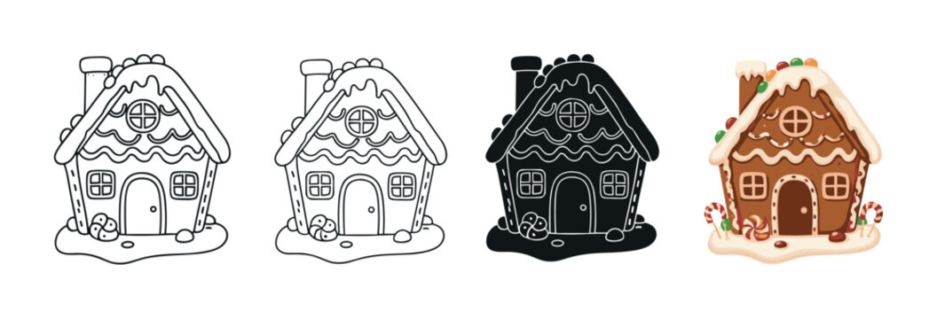 Set of four gingerbread house illustrations in various styles, including a festive colored cartoon, a simple black silhouette, and two detailed line art versions for coloring