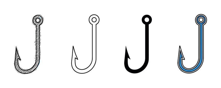 Set of four fishing hook icons in different graphic styles, including a hand-drawn doodle, a simple outline, a solid black silhouette, and a colored version for design elements