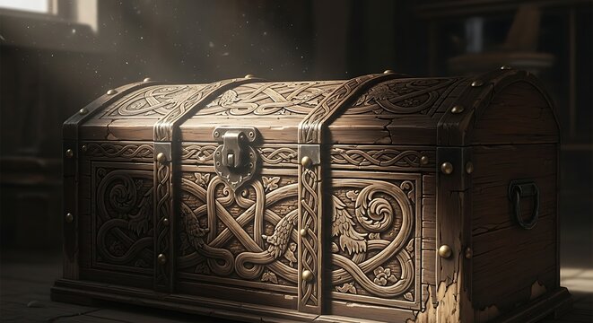Antique Wooden Chest with Intricate Carvings and Metal Details
