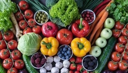 Vibrant Artful Arrangement of Fresh Market Produce Tomatoes Peppers Carrots Berries Lettuce Garlic in Soft Natural Light