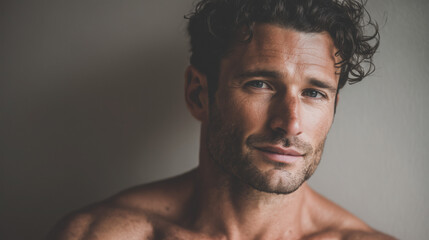 Handsome shirtless man portrait with right copy space