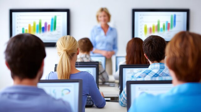 Students learning during a business presentation, teacher explaining data charts in a modern educational environment
