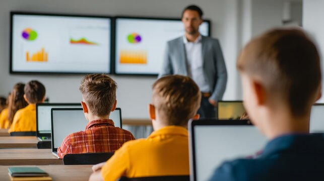 Children sitting at desks with laptops, listening to a male teacher presenting educational charts on large digital screens